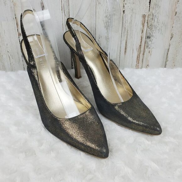 Nine West Gilman Leather Heels Glitter Gold Size 9 - Picture 1 of 8